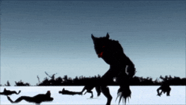 a silhouette of a werewolf is standing in the snow