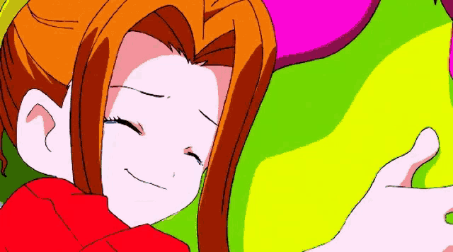 a cartoon girl with red hair is laying on a colorful surface