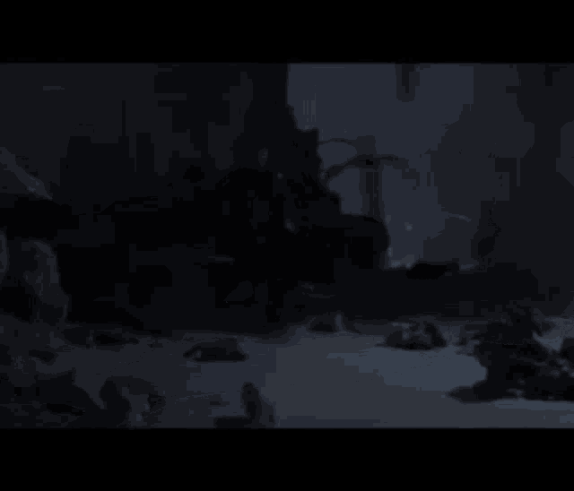 a person 's shadow is cast on the ground in a dark room