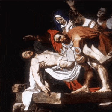 a painting of a man laying on a cross