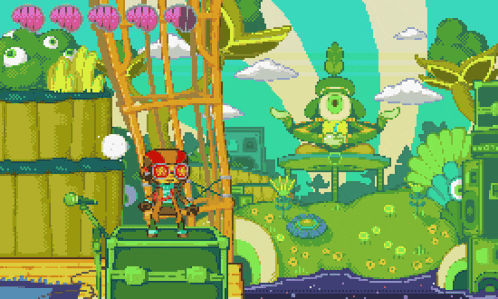 a pixel art drawing of a cartoon character sitting on a box