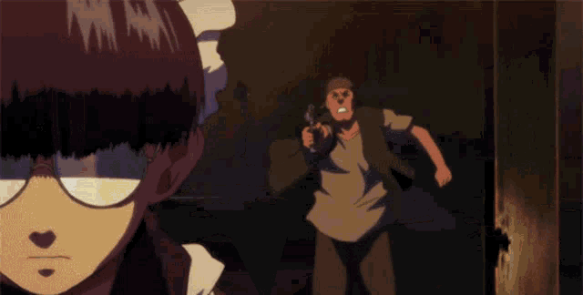 a man holding a gun is running behind a maid