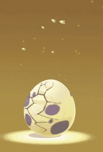a cartoon egg with purple spots on it is floating in the air