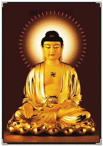 a picture of a golden buddha with a symbol on his chest