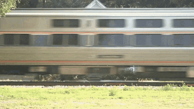 a train is going down the tracks in a grassy area