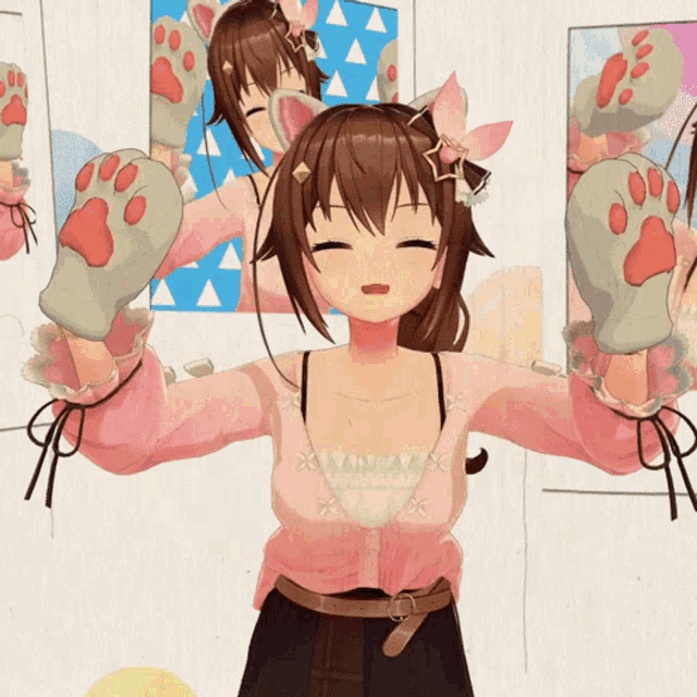 a girl with a cat ear and paw gloves is smiling