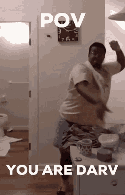 a man is dancing in a bathroom with the words pov you are darv