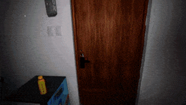 a room with a door and a vending machine that says sprite