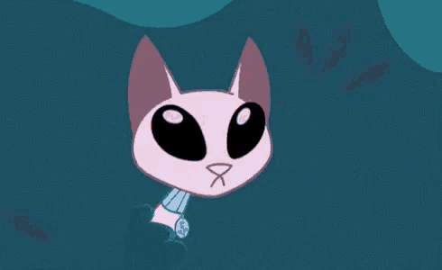 a pink cartoon character with sharp teeth is flying through the air .