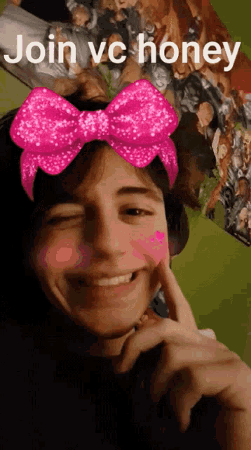 a man with a pink bow on his head and the words join vc honey on the bottom