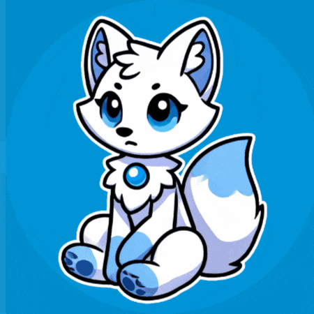 a cartoon drawing of a white cat with blue eyes
