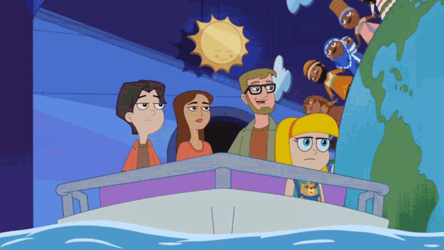 a group of cartoon characters are standing on a boat in the water
