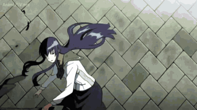 a girl with long purple hair is standing in front of a brick wall and the website anime-tv.net is visible in the corner