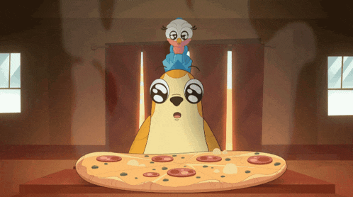 a cartoon character sitting on top of a large pizza