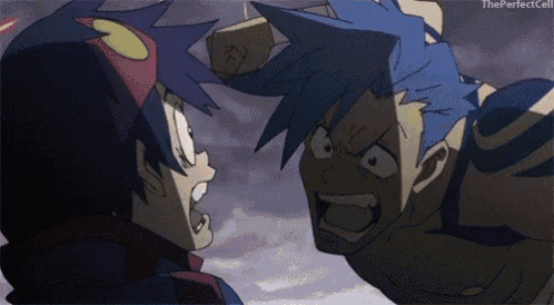 a man with blue hair is standing next to another man with red hair .