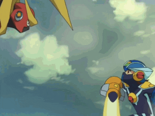 a cartoon character is flying through the air with a rocket launcher