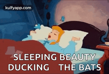 a cartoon of cinderella sleeping on a bed with a bird flying over her head .