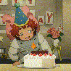 a cartoon character wearing a party hat stands in front of a cake