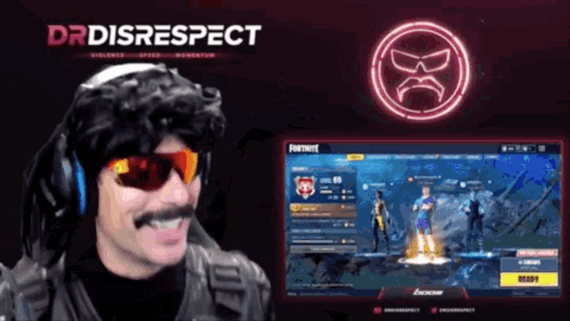 a man wearing sunglasses and headphones is playing a video game called drdisrespect