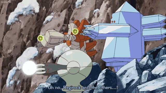a cartoon of a robot says " oh no regirock and the others "