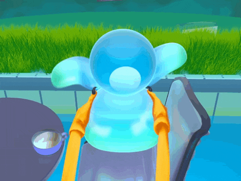 a cartoon drawing of a person sitting in a chair next to a swimming pool