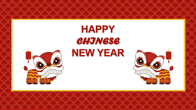 a chinese new year greeting card with a lion and a lantern