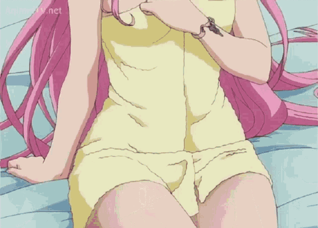 a pink haired anime girl is sitting on a bed with her eyes closed and her breasts exposed .
