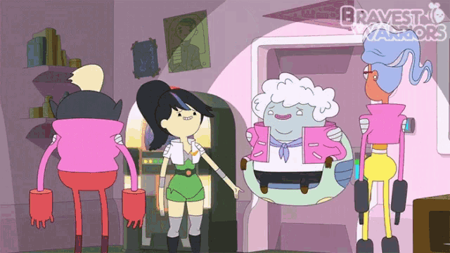 a group of cartoon characters are standing in a room with the words bravest cartoons above them