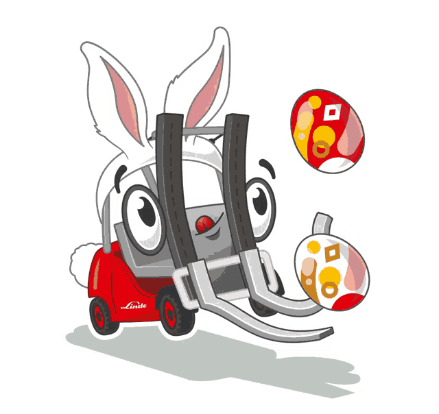 a cartoon illustration of a rabbit with a forklift that says linde on the front