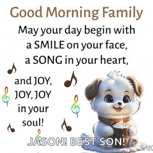 a picture of a dog holding a cup of coffee with a good morning family message on it