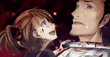 a girl is holding a knife to a man 's neck