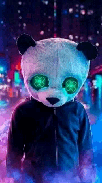 a person wearing a panda mask with neon eyes and a jacket .