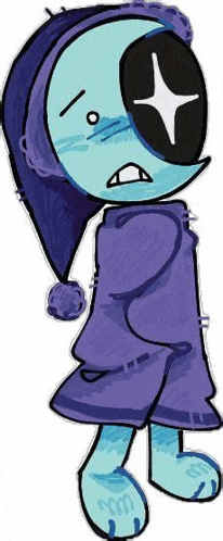 a cartoon character with a crescent moon on his face is wearing a purple blanket and hat .