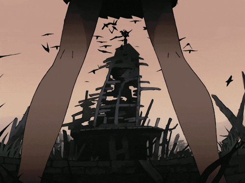a drawing of a girl standing in front of a tower with birds flying around