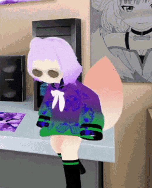 a girl with purple hair is sitting on a desk with a picture of a girl on the wall behind her