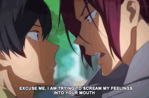 two anime characters are looking at each other with the words excuse me i am trying to scream my feelings into your mouth below them
