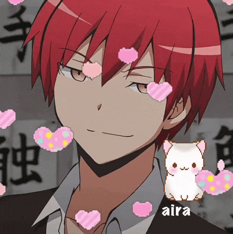 a boy with red hair is surrounded by pink hearts and a white cat with the name aira on the bottom
