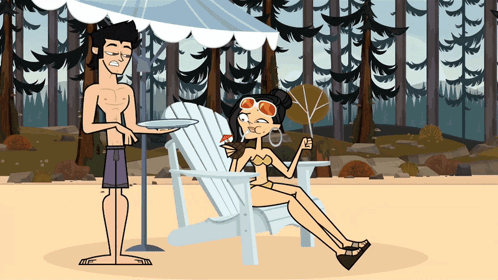 a cartoon of a man and a woman on the beach