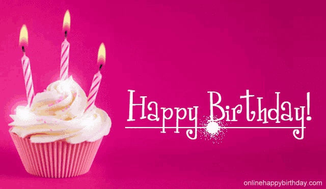 a pink cupcake with three lit candles and the words happy birthday below it