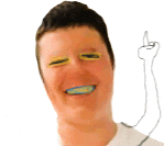 a man with yellow eyes and blue teeth is smiling and giving a middle finger