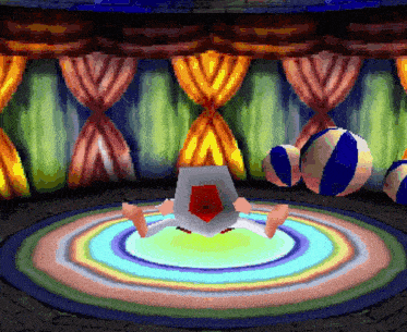 a cartoon character is sitting on a rainbow colored rug