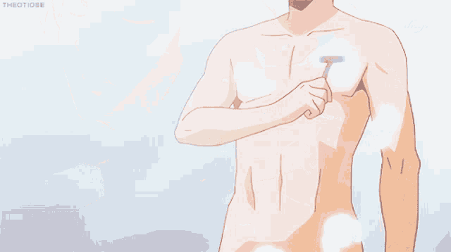 a shirtless man is shaving his chest with a razor and the hashtag theotiose is above him