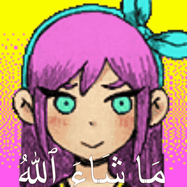 a pixel art drawing of a girl with purple hair