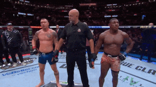 two men are standing next to each other in a boxing ring with a referee standing between them