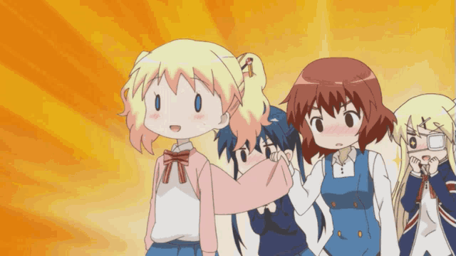 a group of anime girls are standing next to each other and one of them has red hair