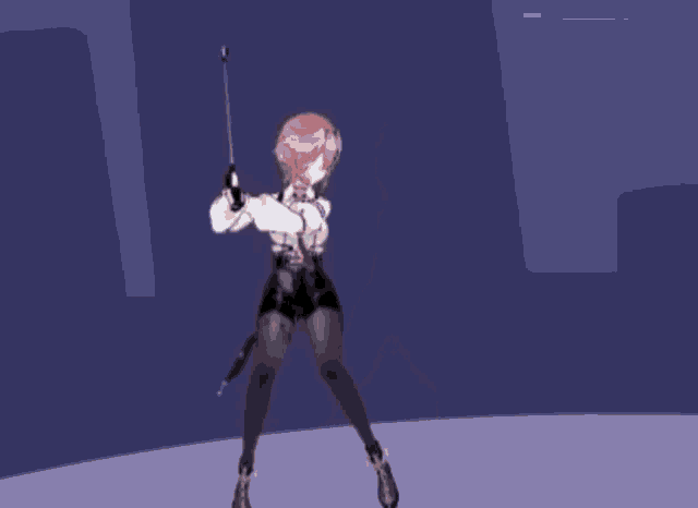 a girl with pink hair is standing on a stage in a purple room holding a gun .