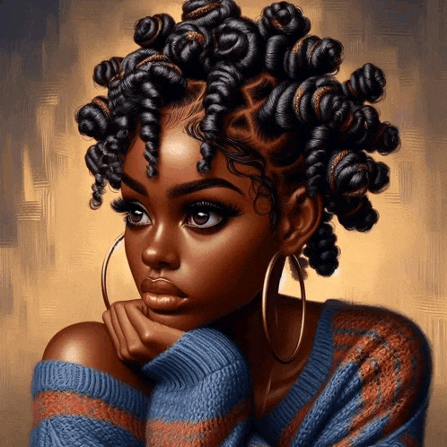 a woman with curly hair and hoop earrings is wearing a blue sweater