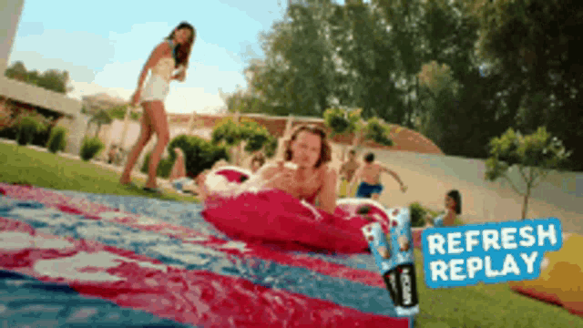 an advertisement for refresh replay shows a girl laying on a blanket