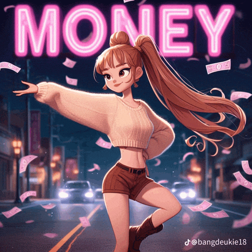 a girl with a ponytail is dancing in front of a neon sign that says money