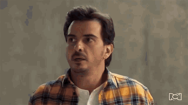 a man wearing a plaid shirt with the letter c on the bottom